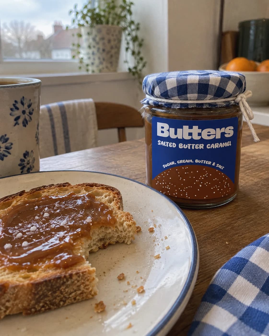Butters Caramel dome jar beside caramel toast on a breakfast table