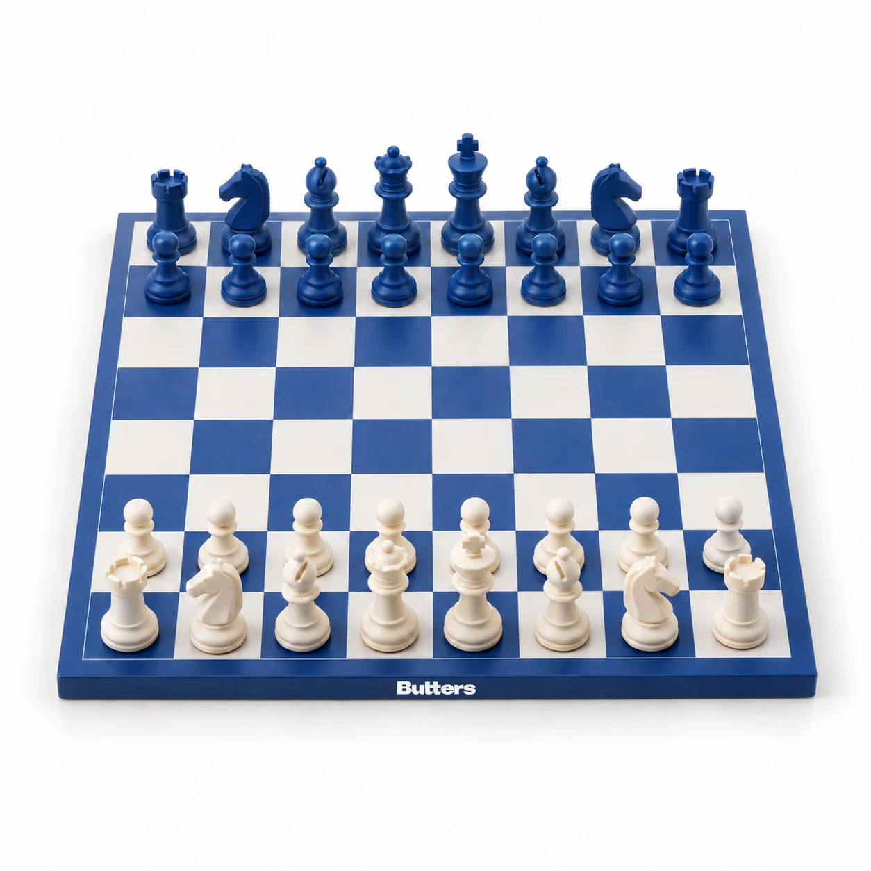 Blue-and-white checkered Butters chessboard with matching blue and white pieces on a white background